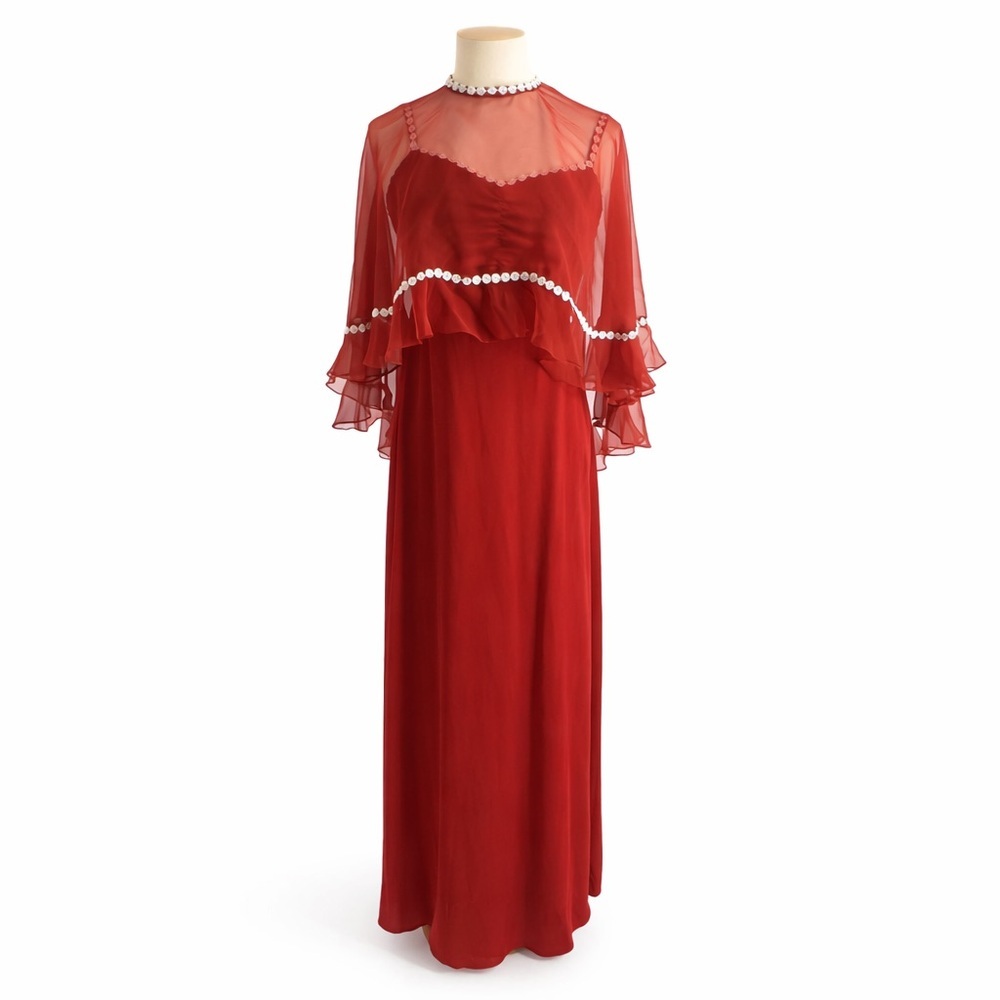 Vintage 70's Caplet a-line maxi dress zipper ruffle sheer sexy